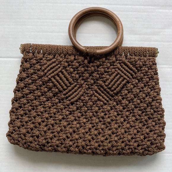 None Handbags - Brown crochet small wood ring handle purse